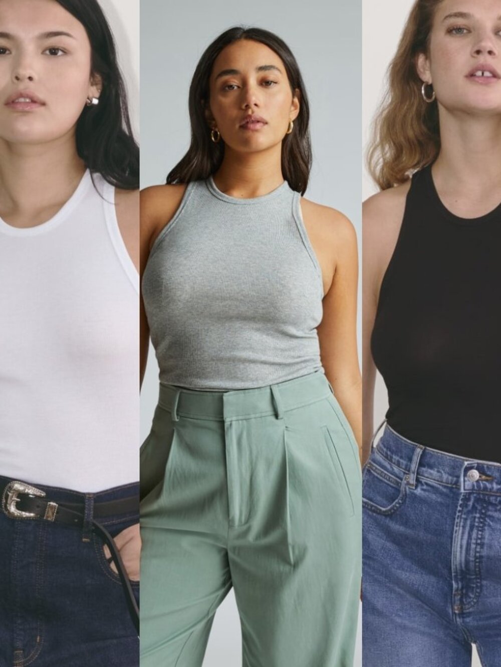 Everlane Luxe Rib Racerback Tank Top Set of 3: White, Grey & Black